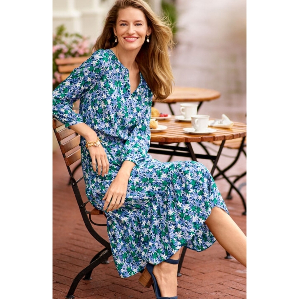Talbots Fit & Floral Tie Waist Dress Blue Size 10P